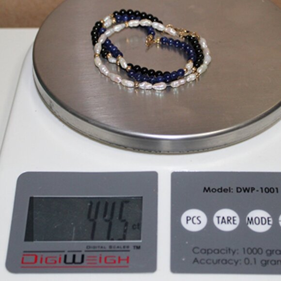 Three 14K Gemstone Bracelets (Onyx, Seed Pearls, Lapis, and Gold Beads) - Picture 11 of 11